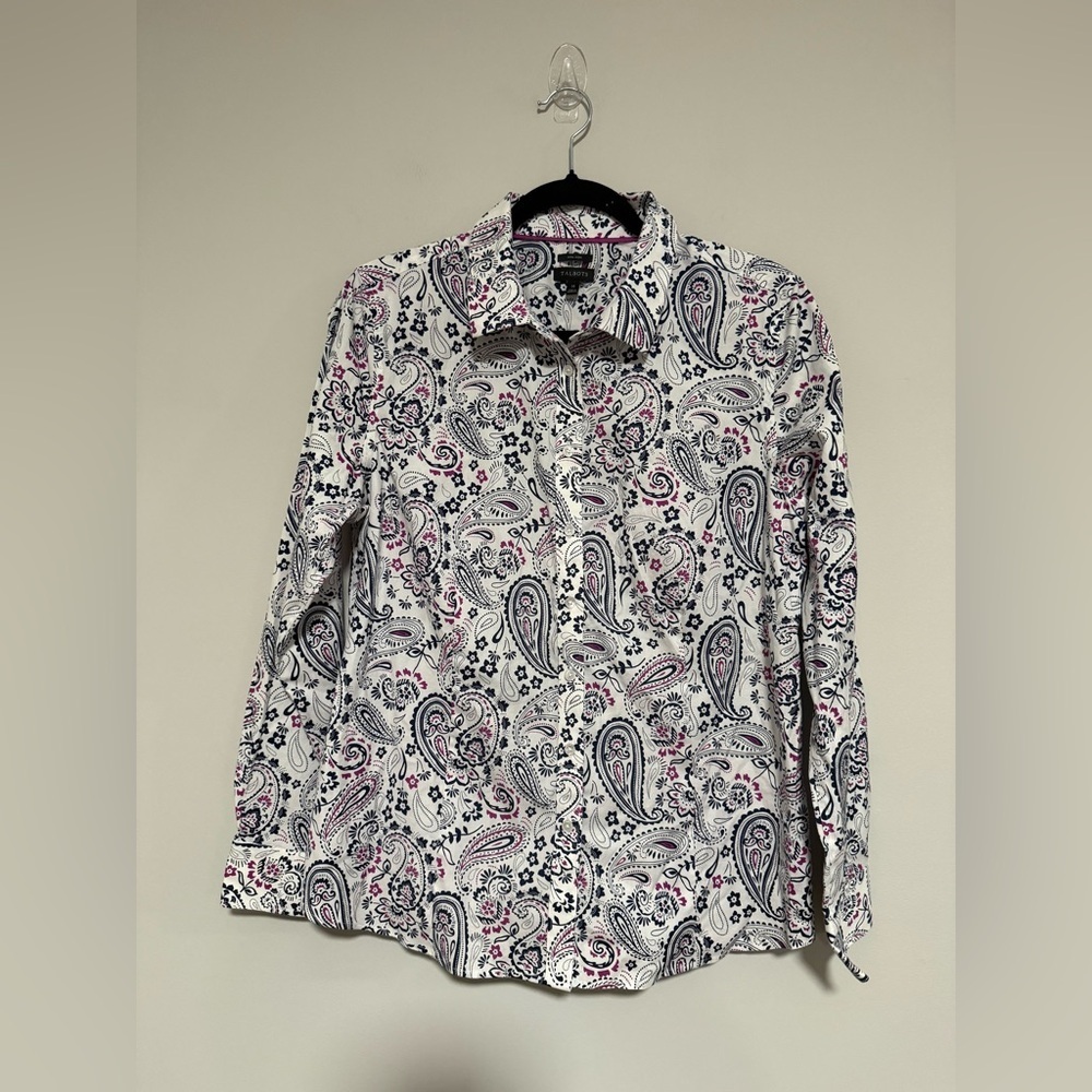 Talbots Floral Paisley Button Down Non-Iron Top Size 14 Office Business Casual